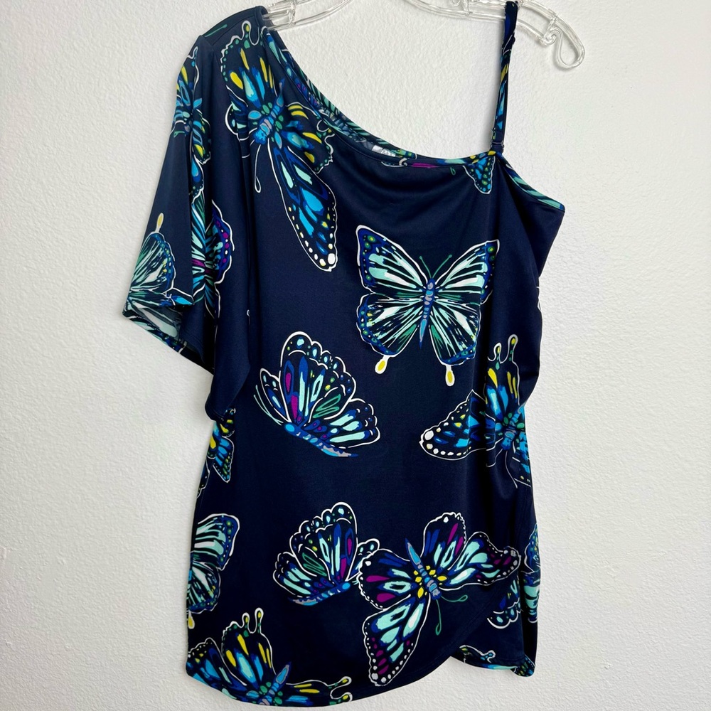 Avon Butterfly Navy Blue One Shoulder Blouse Flowy Faux Wrap Top